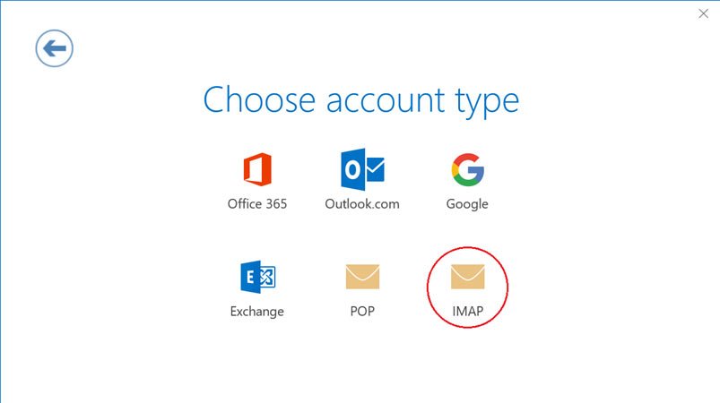 Screenshot of choose account type screen with IMAP option circled